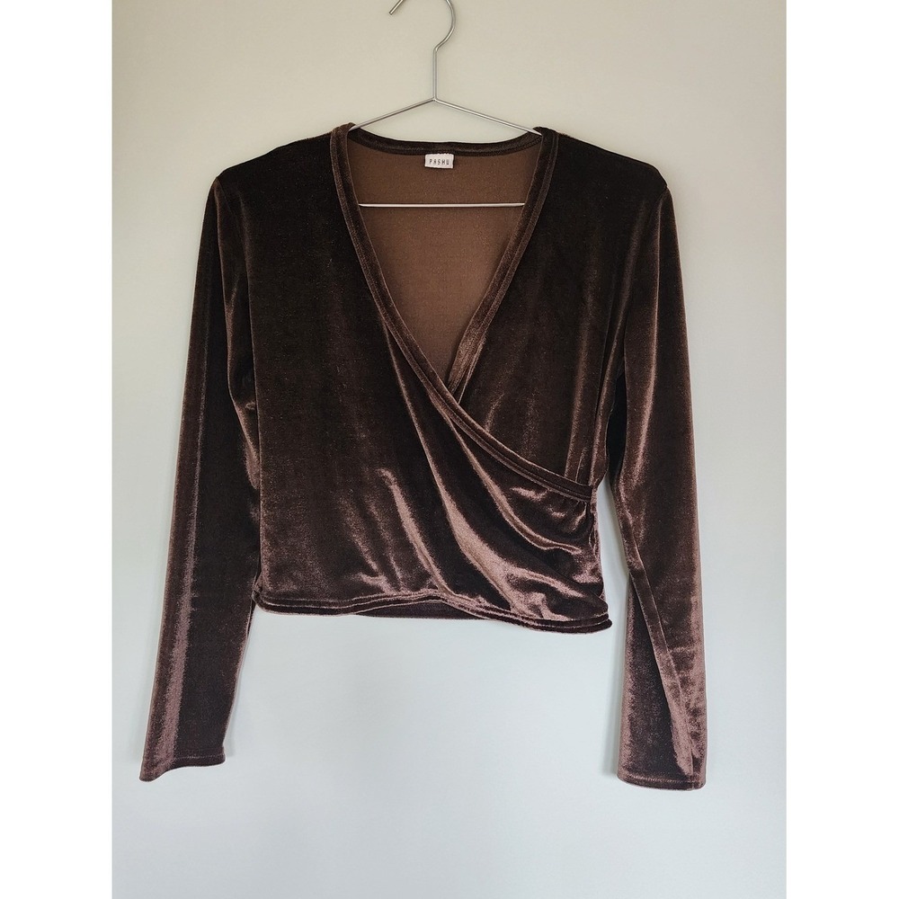 Pashu Wrap Top Women Medium Brown Velvet Y2K 90s Cropped Long Sleeve Minimalist